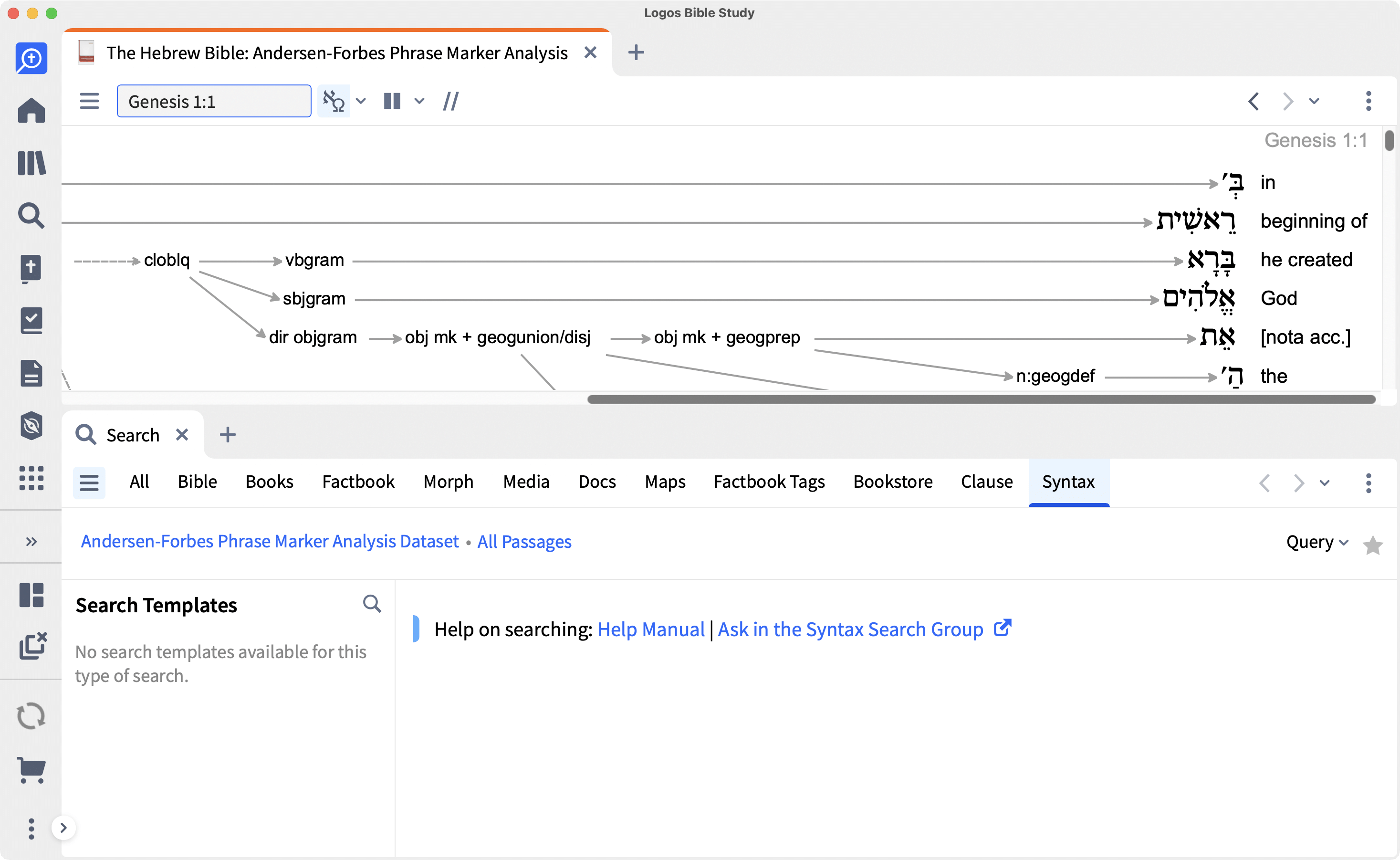 Vertical Split Layout With Andersen Forbes Phrase Marker Analysis And Syntax Search