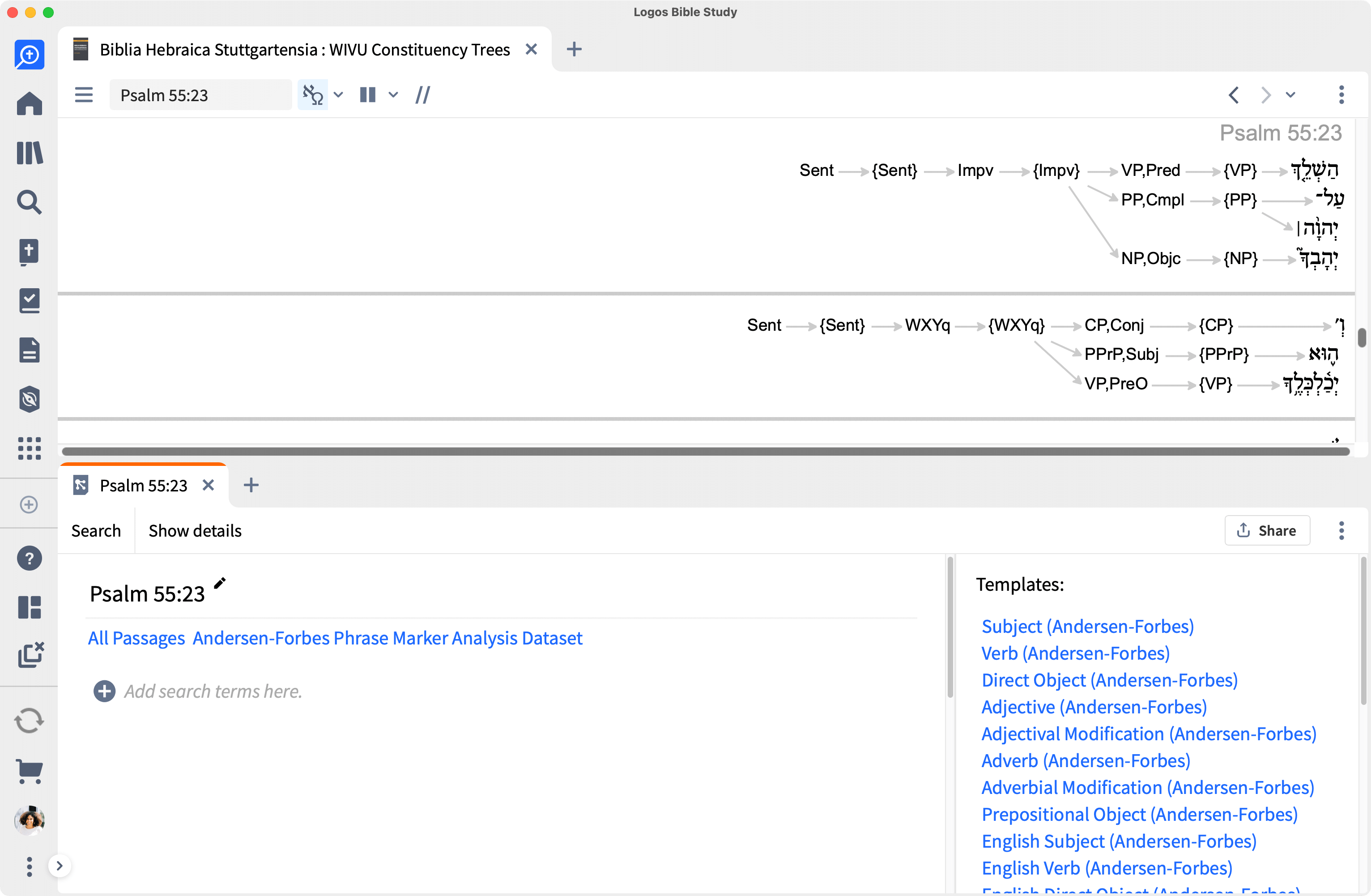 Split Screen With WIVU Constituency Trees And Search Syntax