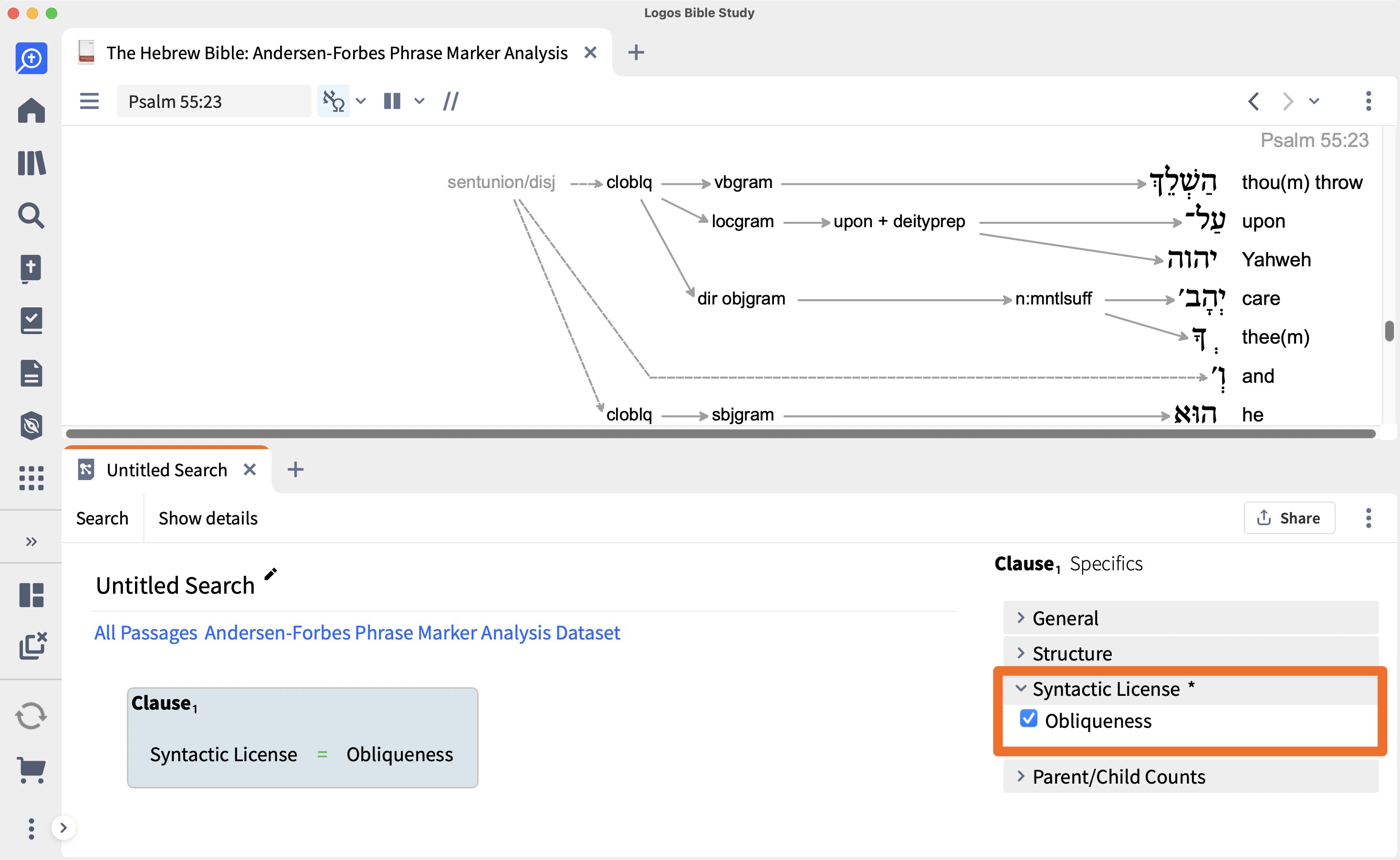 Clause Node With Syntactic License Obliqueness Selected