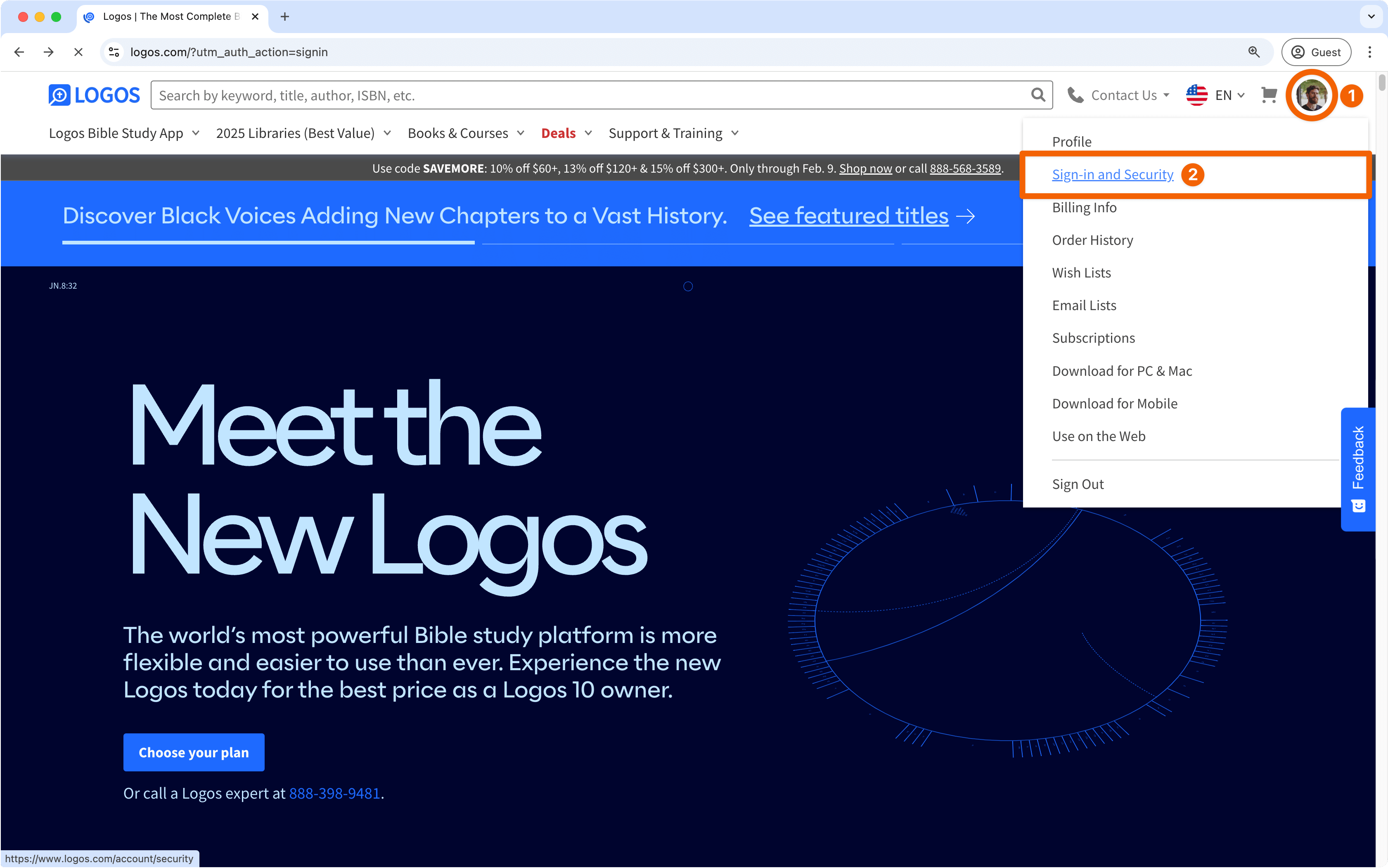 Profile menu open with sign-in and security setting highlighted