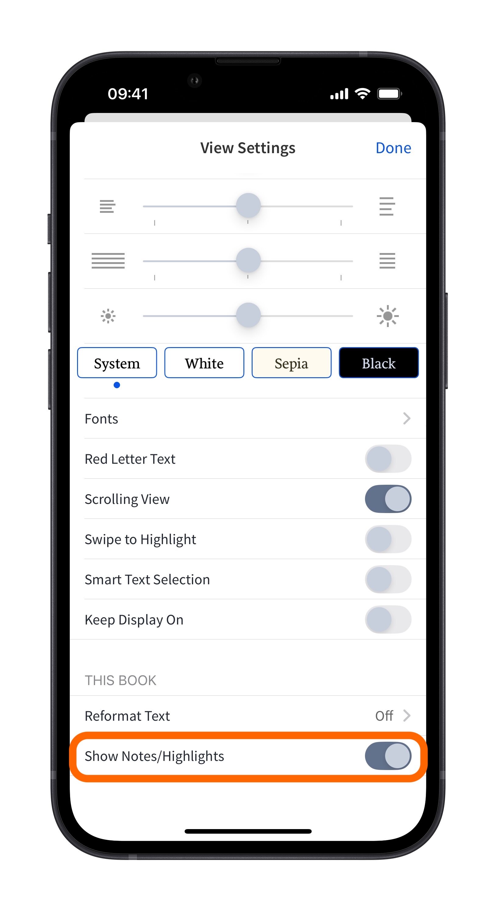 Toggle on Show Notes Highlights