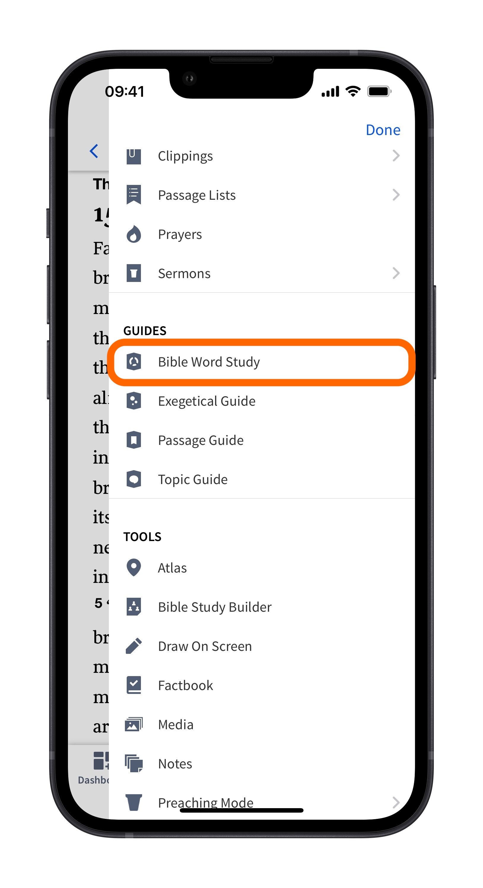 Select Bible Word Study From The More Items Menu