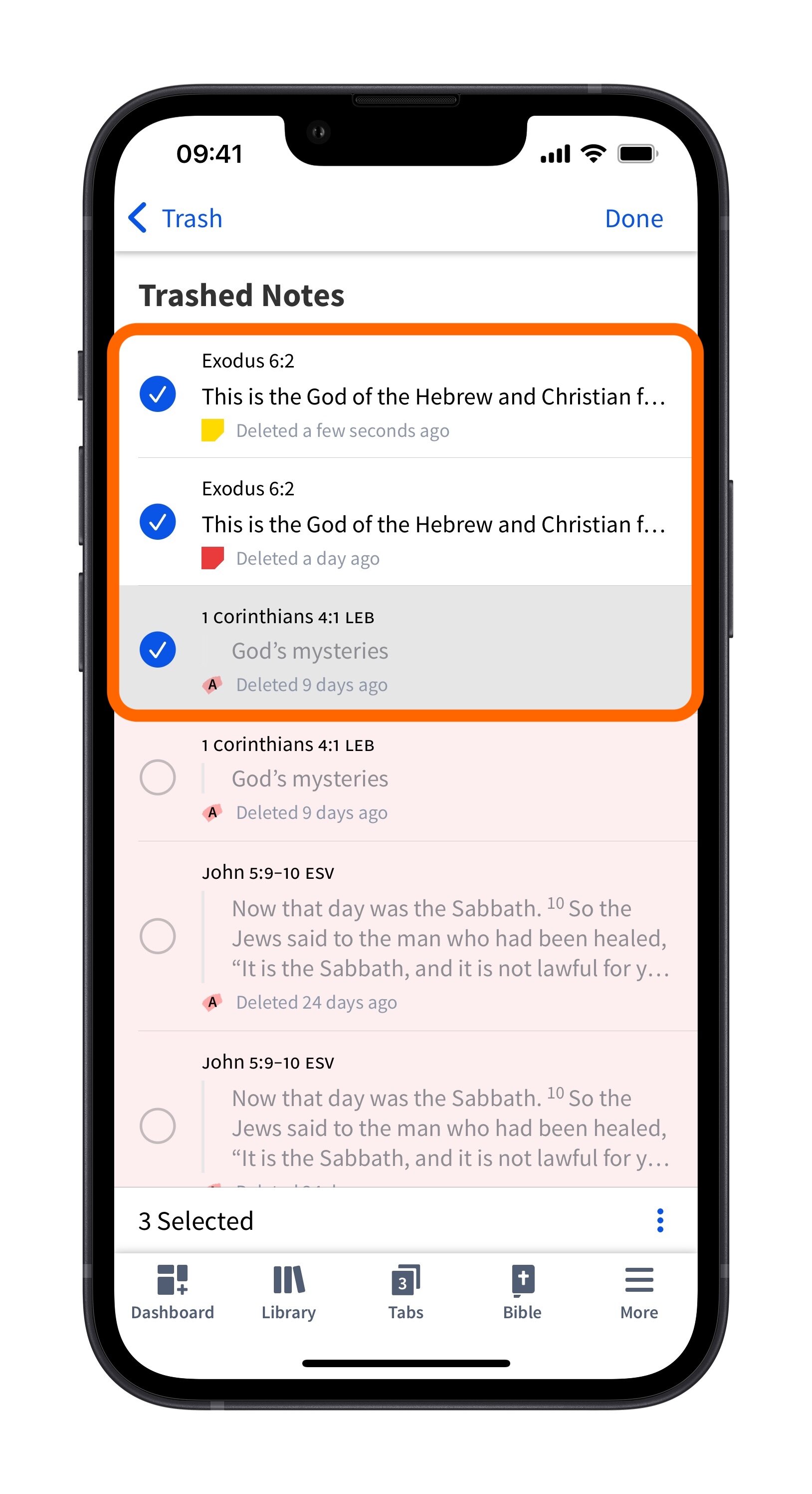 Select notes to restore