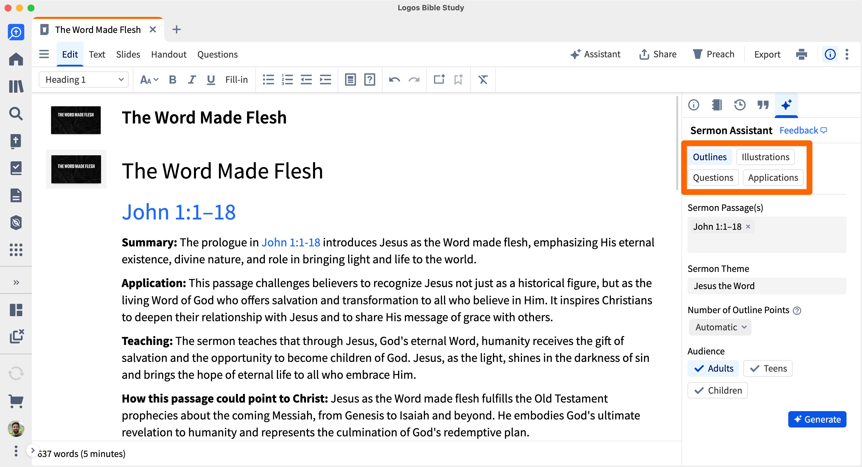 Sermon Assistant Modes Highlighted In The Sidebar