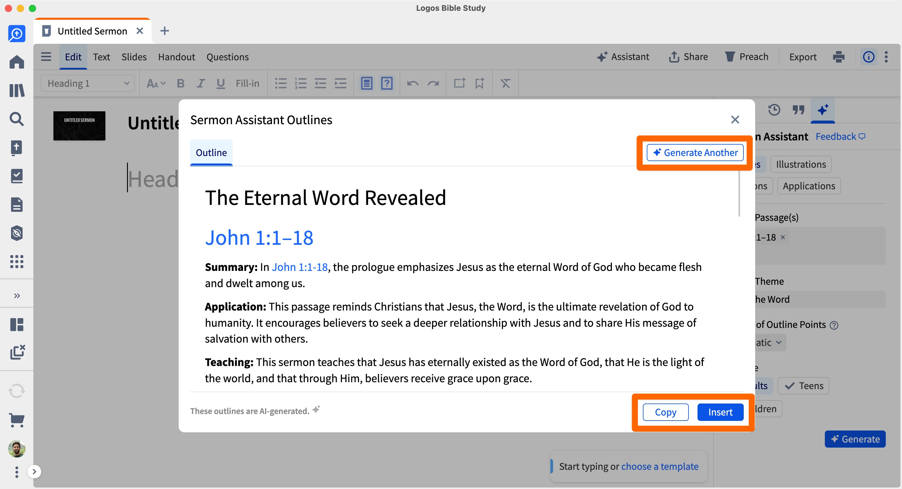 Sermon Assistant Generation With Copy Insert And Generate Another Buttons Highlighted