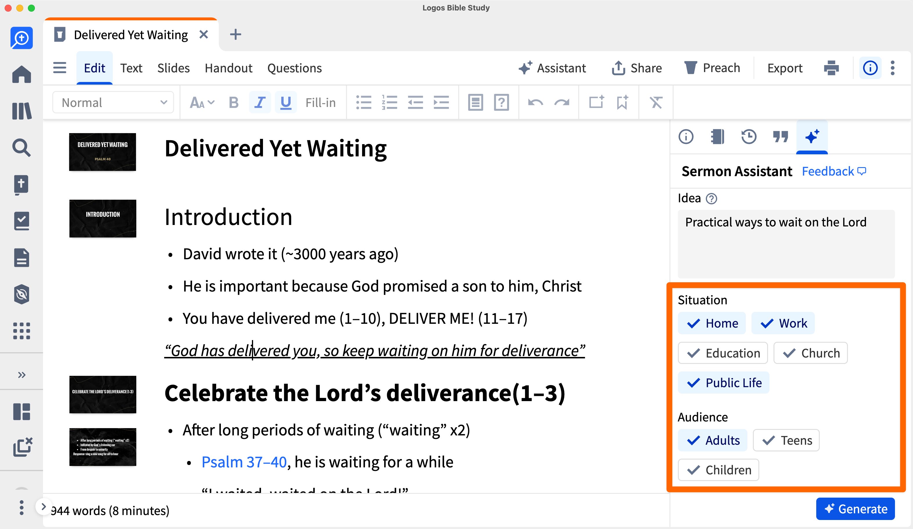 Situation And Audience Options For Application Sermon Assistant Highlighted