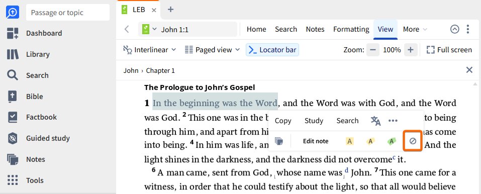 Delete a Highlight from the Selection Meny