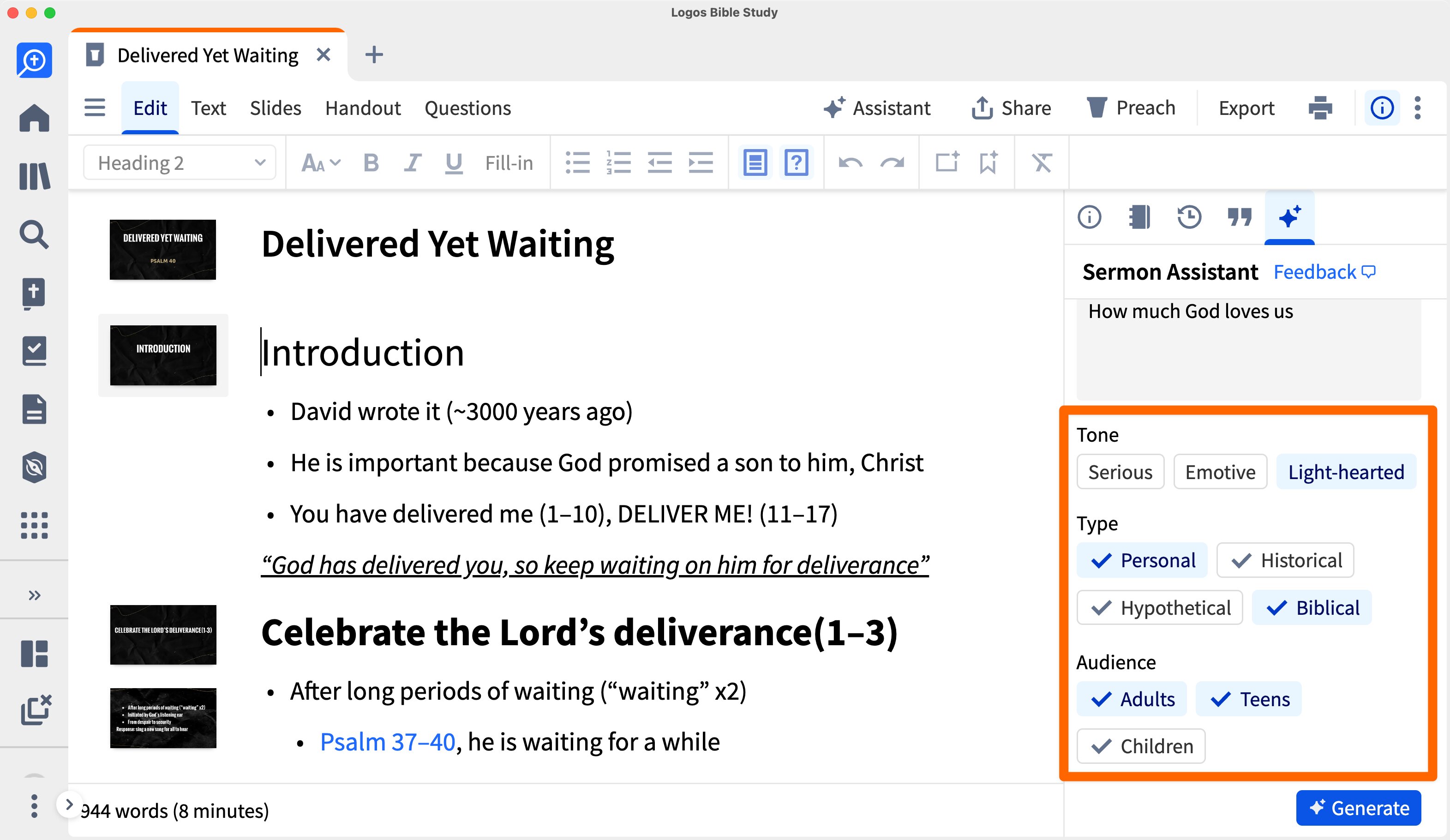 Tone Type And Audience Highlighted As Options In The Illustration sermon assistant sidebar