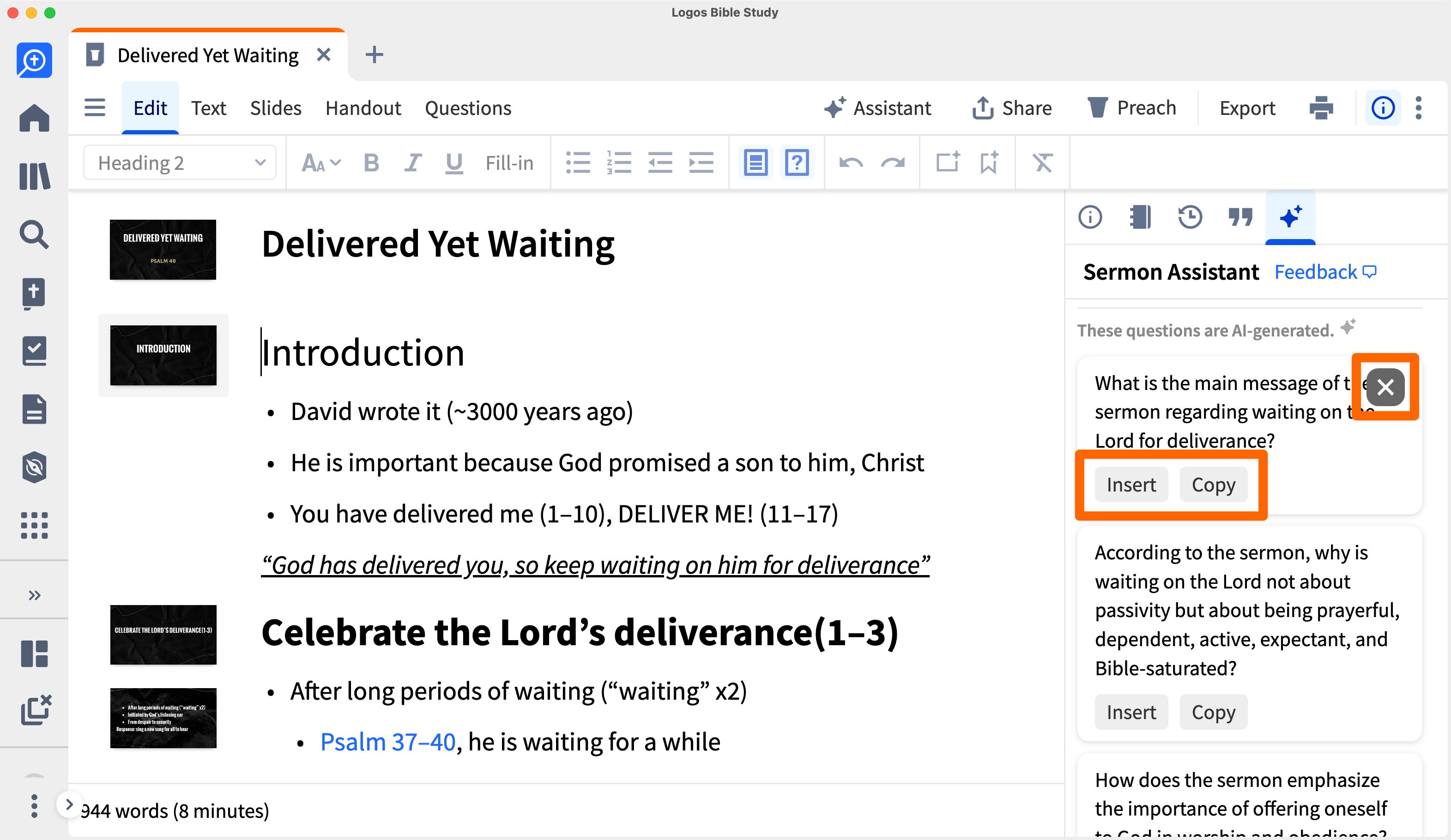 Sermon Illustration Results With Insert Copy And Delete Buttons Highlighted