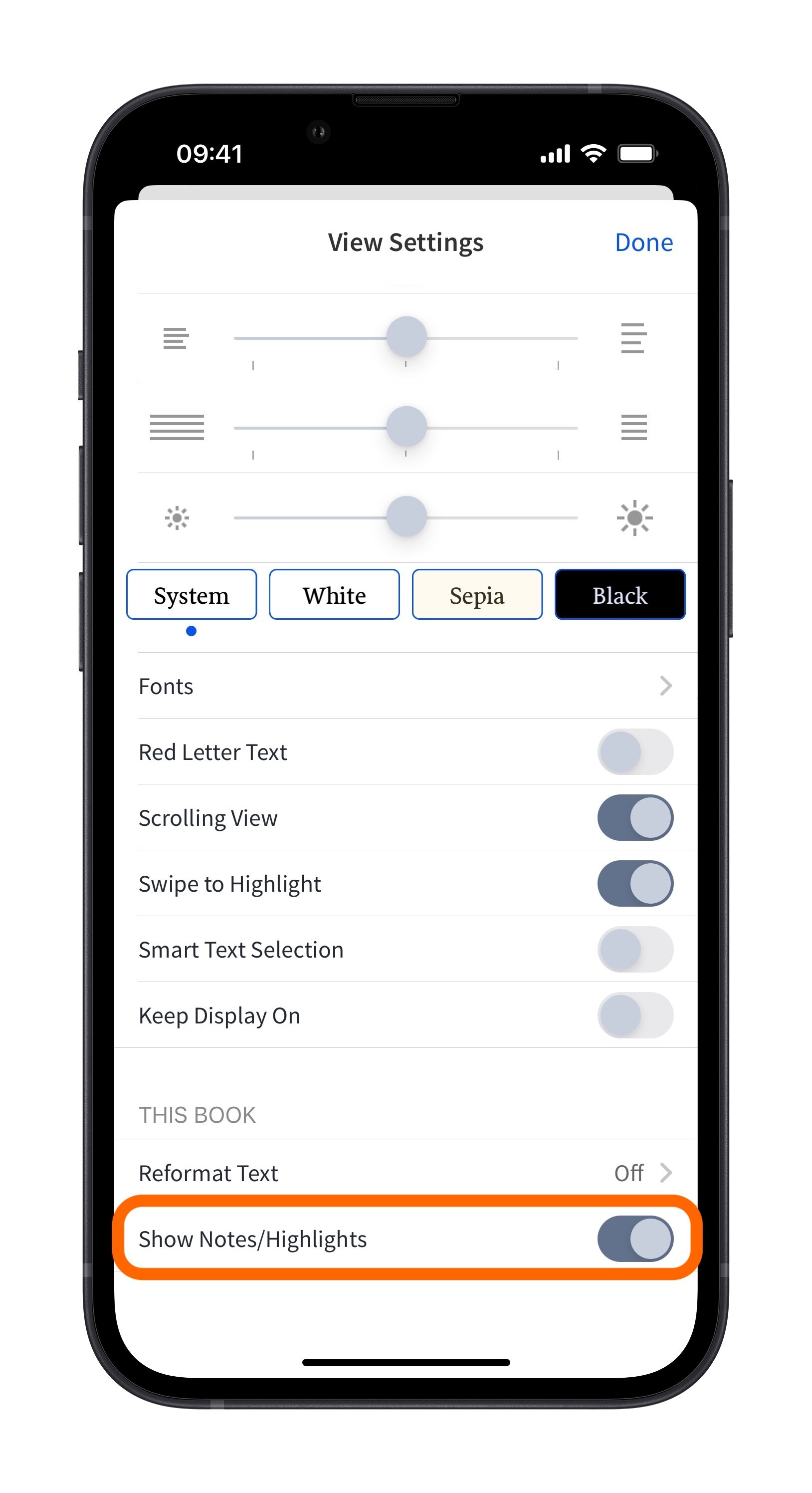 Toggle show notes and highlights