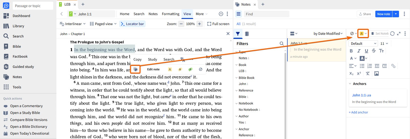 Add a highlight from the Notes Tool