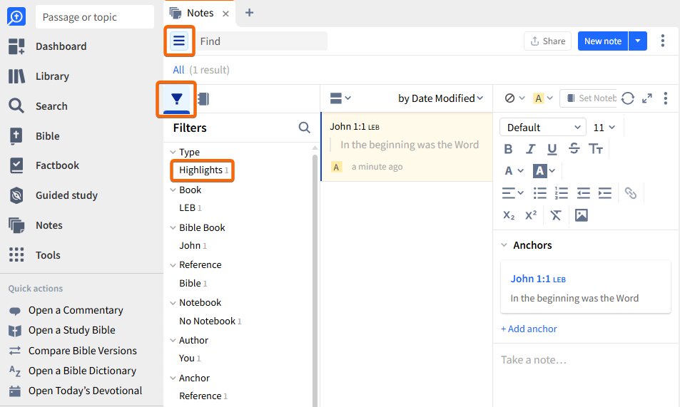 Filter your list of notes by Highlights