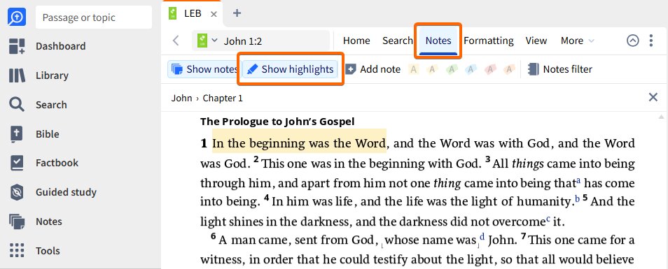 Show or Hide Highlights from the Notes Tab