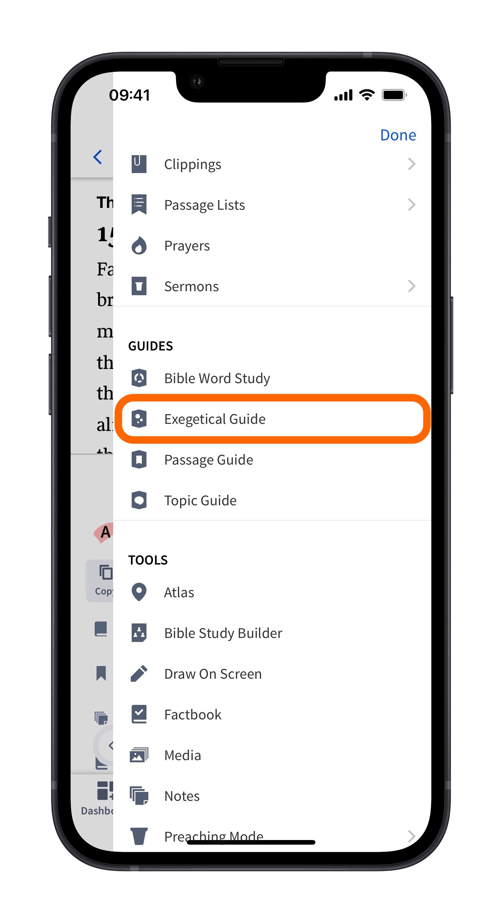 Select Exegetical Guide From More Items Menu