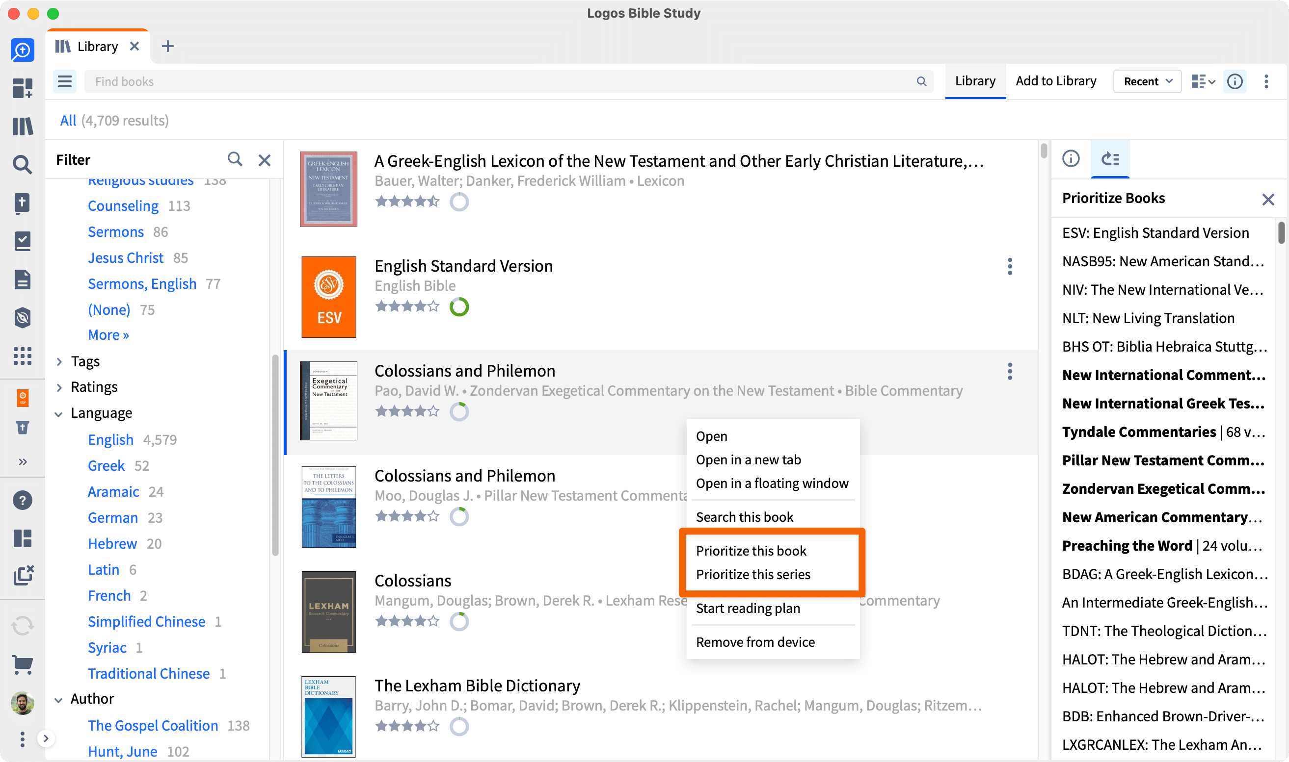 Right-click menu showing prioritize book and series highlighted