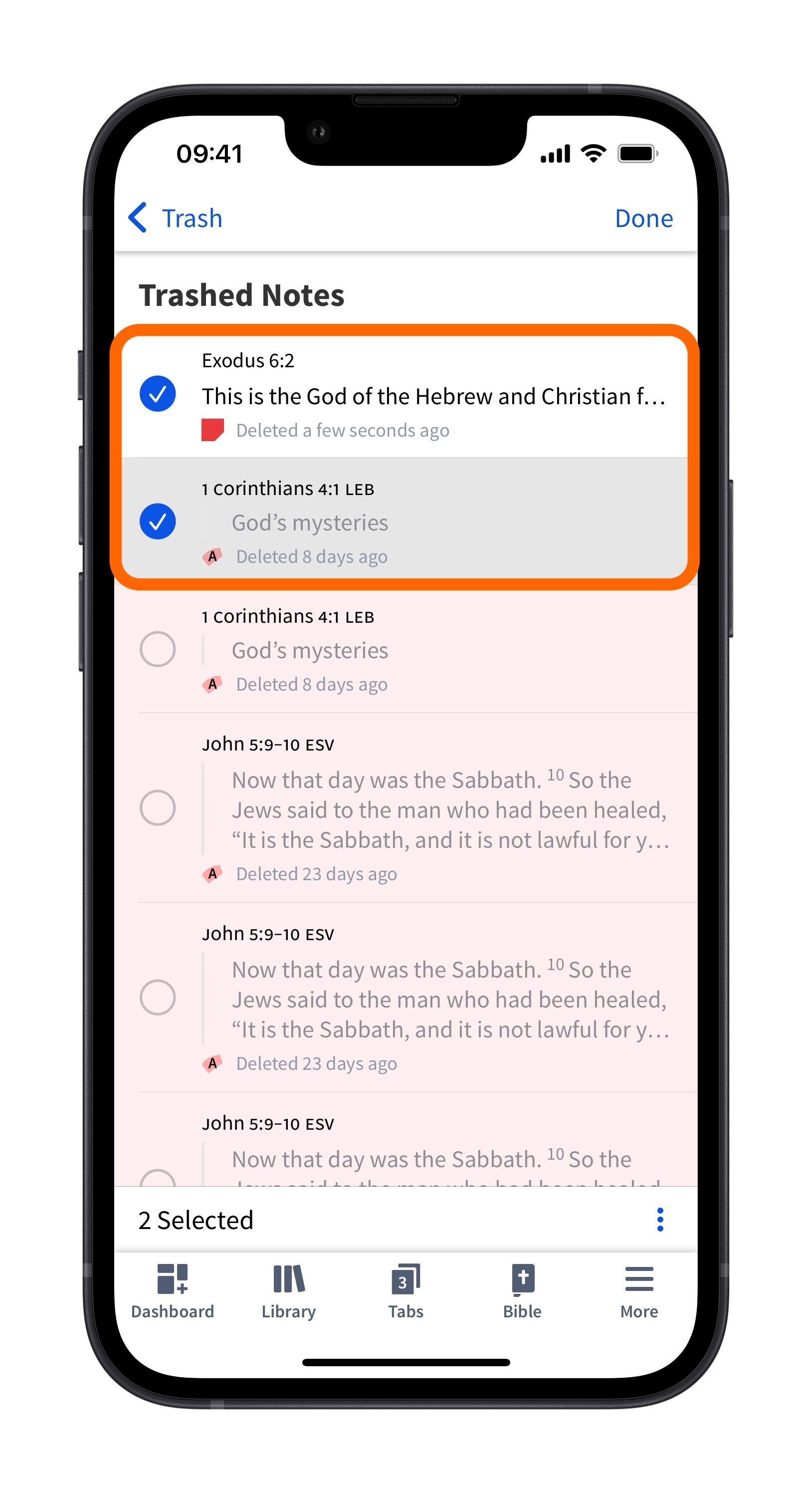 Select deleted notes