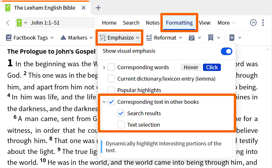 Dynamic Toolbar - Emphasize Corresponding Text