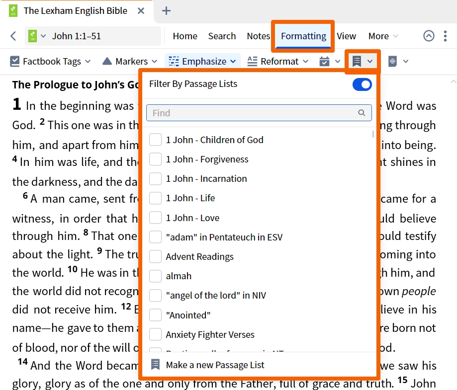 Dynamic Toolbar - Passage Lists