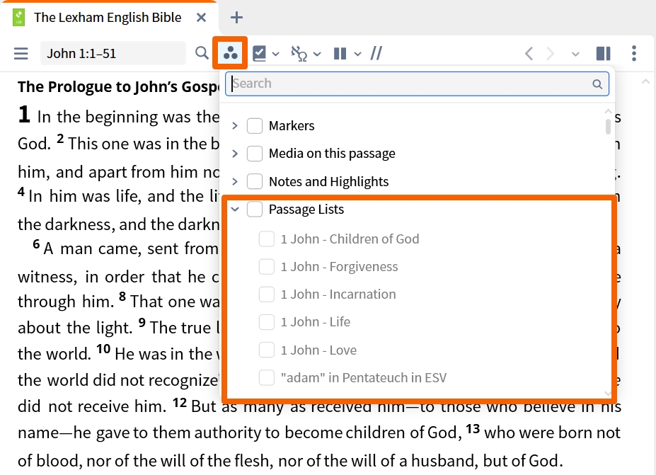 Resource Toolbar - Passage Lists
