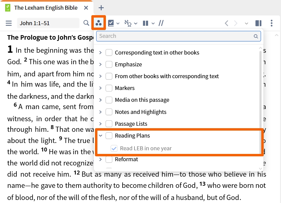 Resource Toolbar - Show Reading Plans