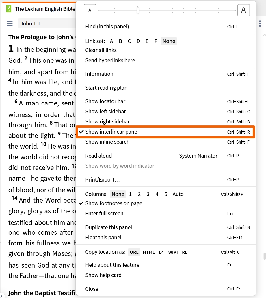 Resource Toolbar - Show Interlinear Pane