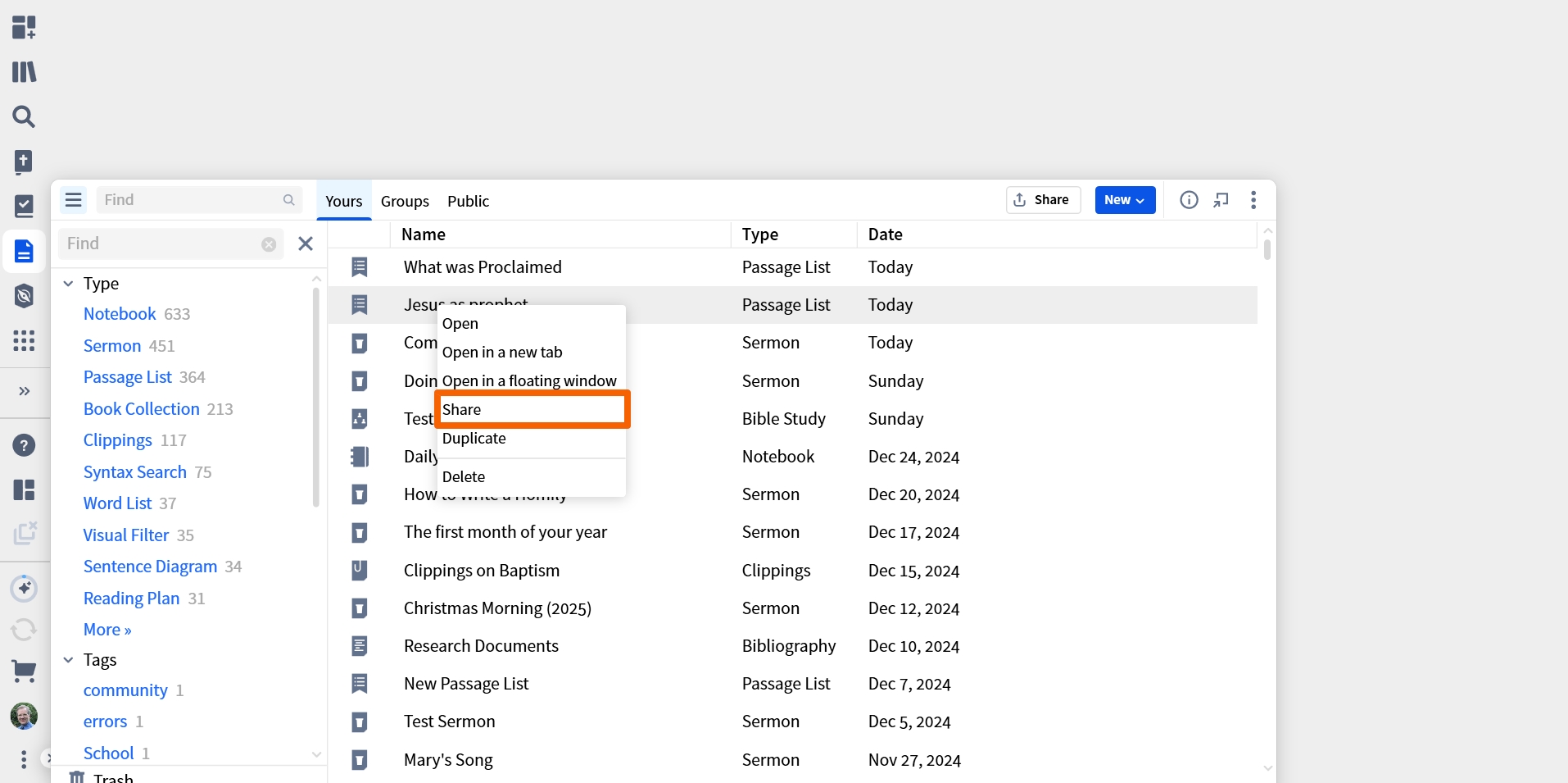 Select Document To Unshare (Desktop)