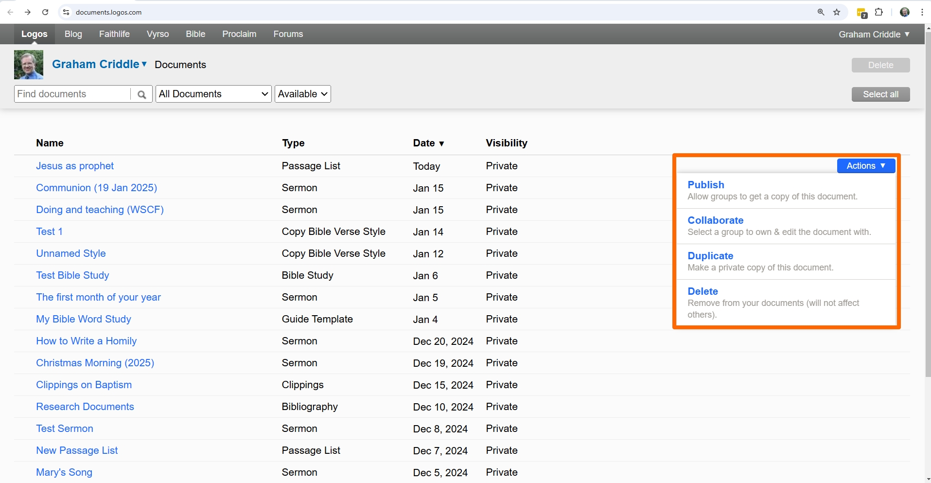 Open Documents Action Menu