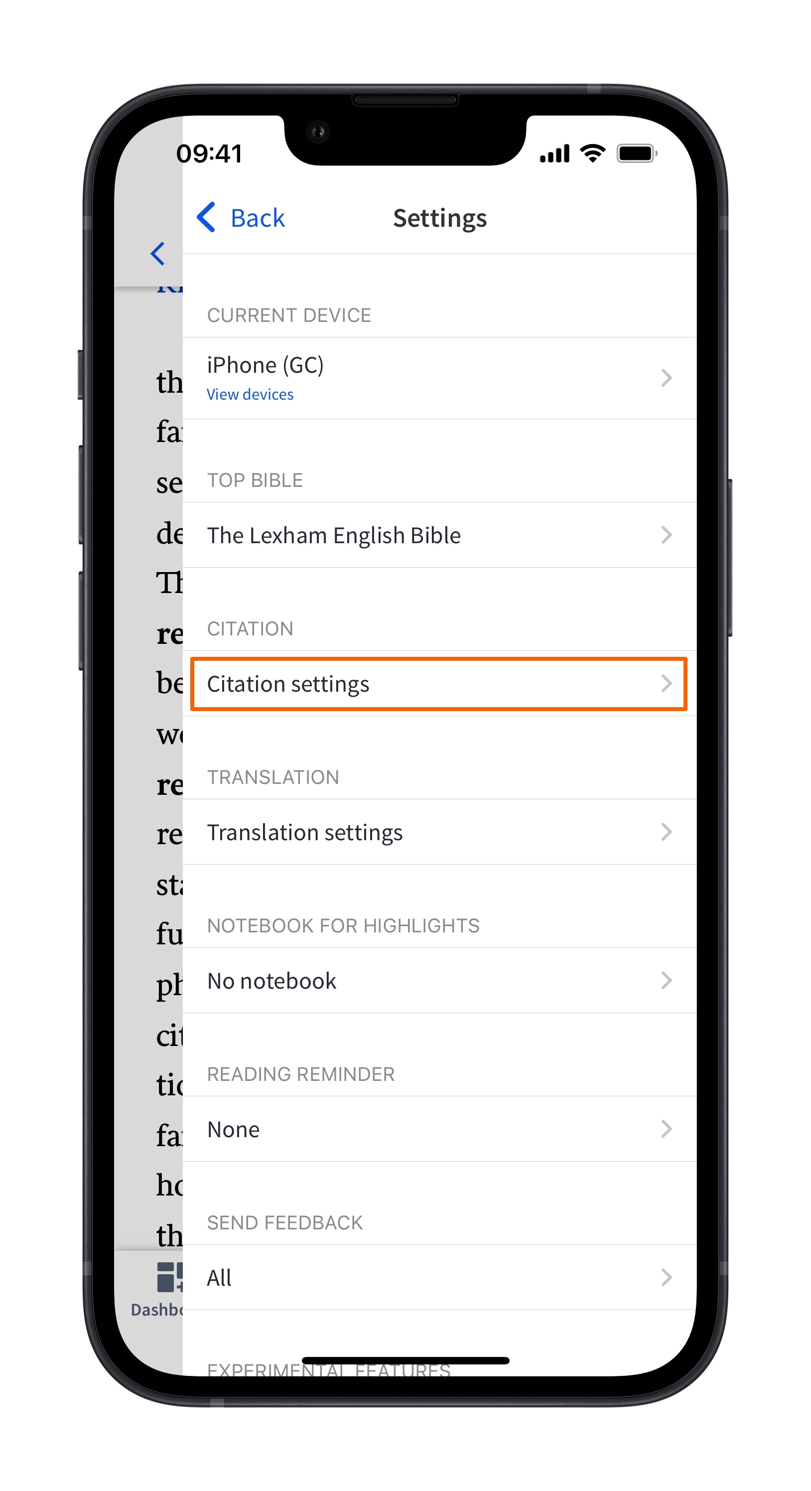 Mobile Select Citation Settings