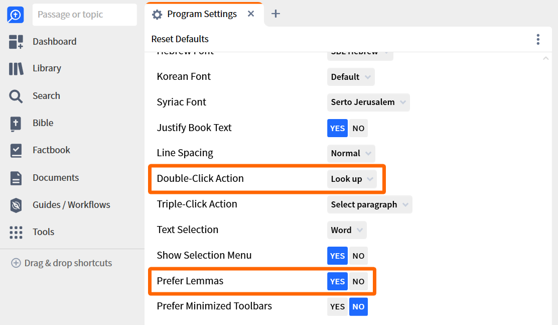 Double Click Action Look Up and Prefer Lemmas Yes