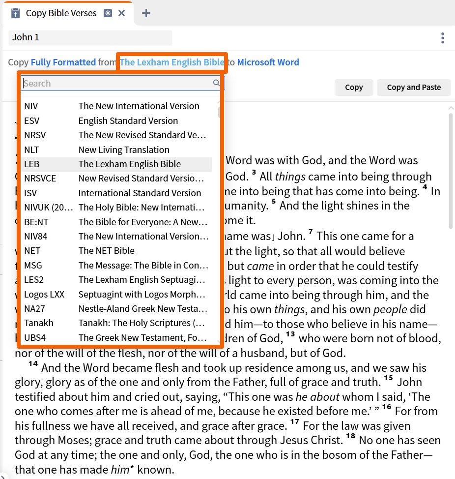 Selet Version In Copy Bible Verses Tool