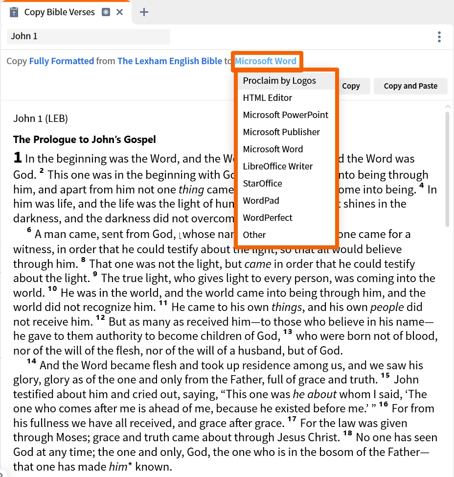 Selet Destination In Copy Bible Verses Tool