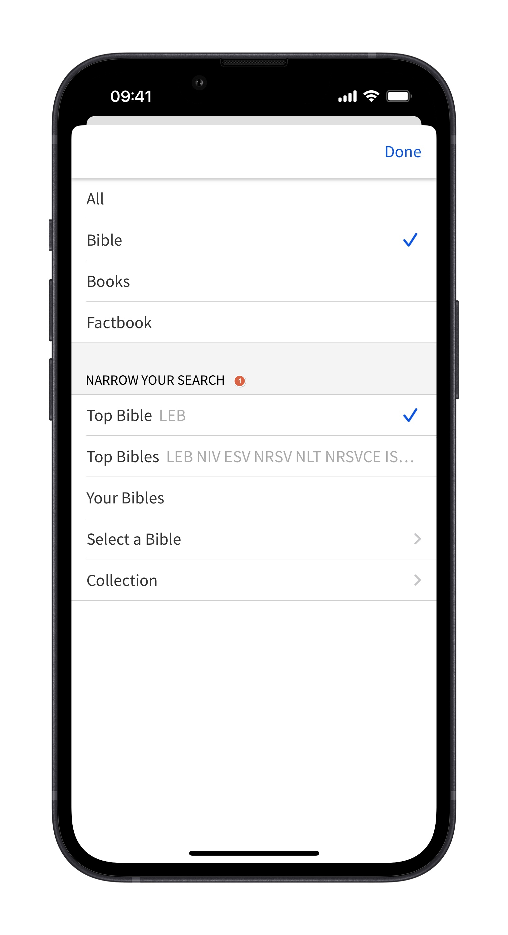 Mobile - Select Bible To Search