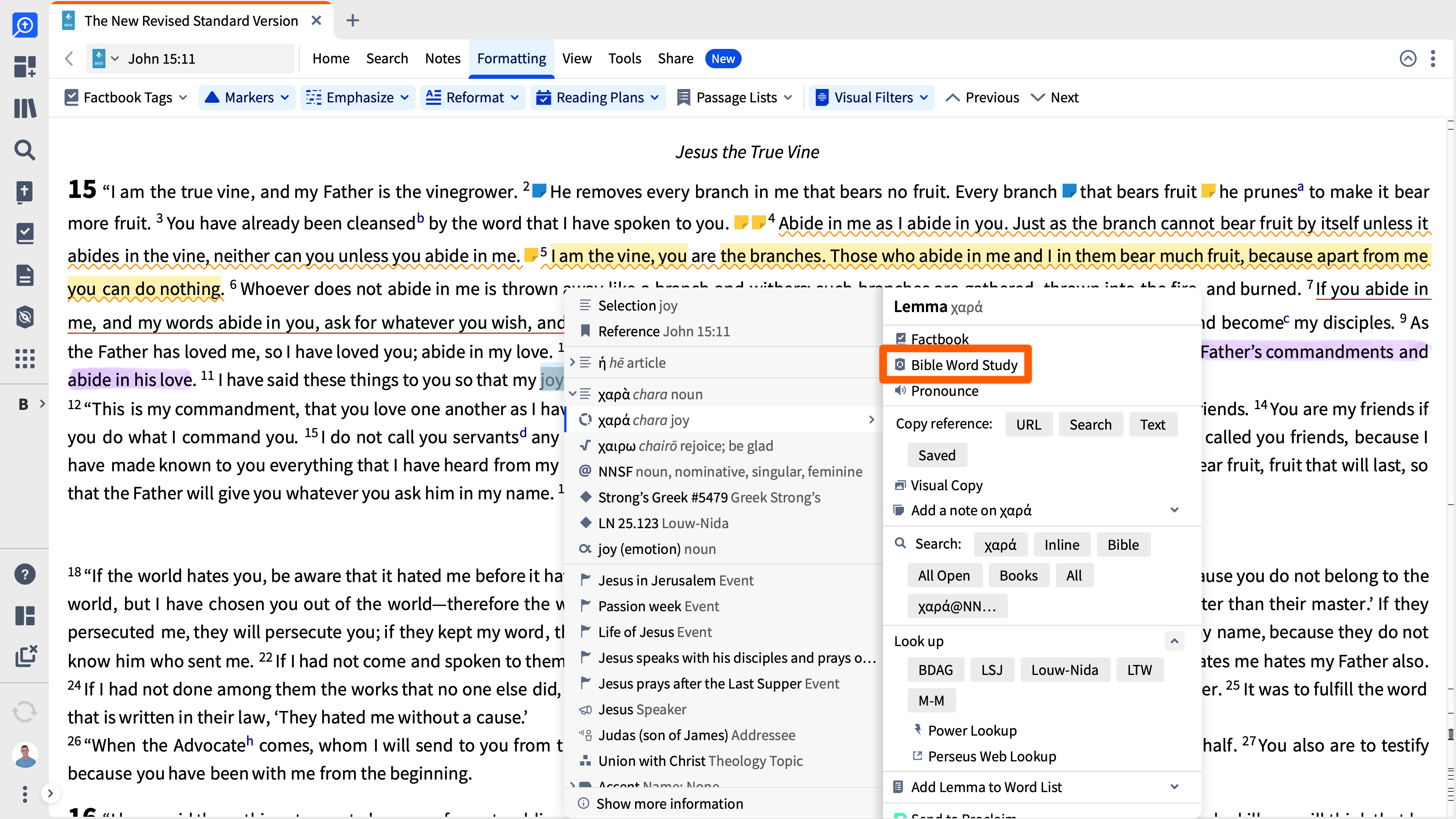 Select Lemma, Bible Word Study From The Context Menu