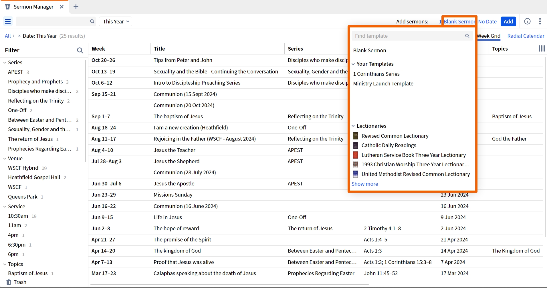 Sermon Manager - Use Template Or Lectionary
