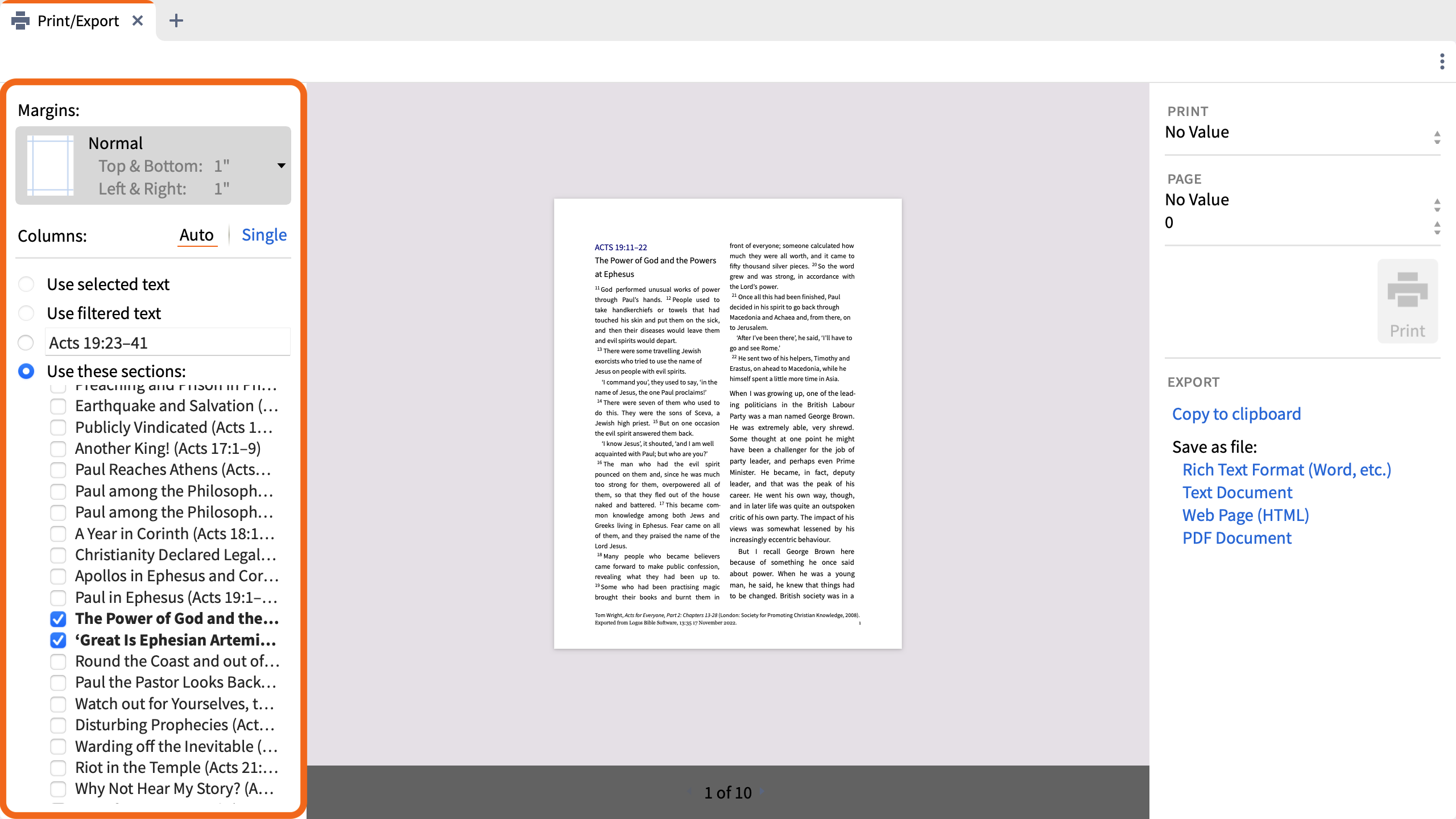 Print Selection Sidebar