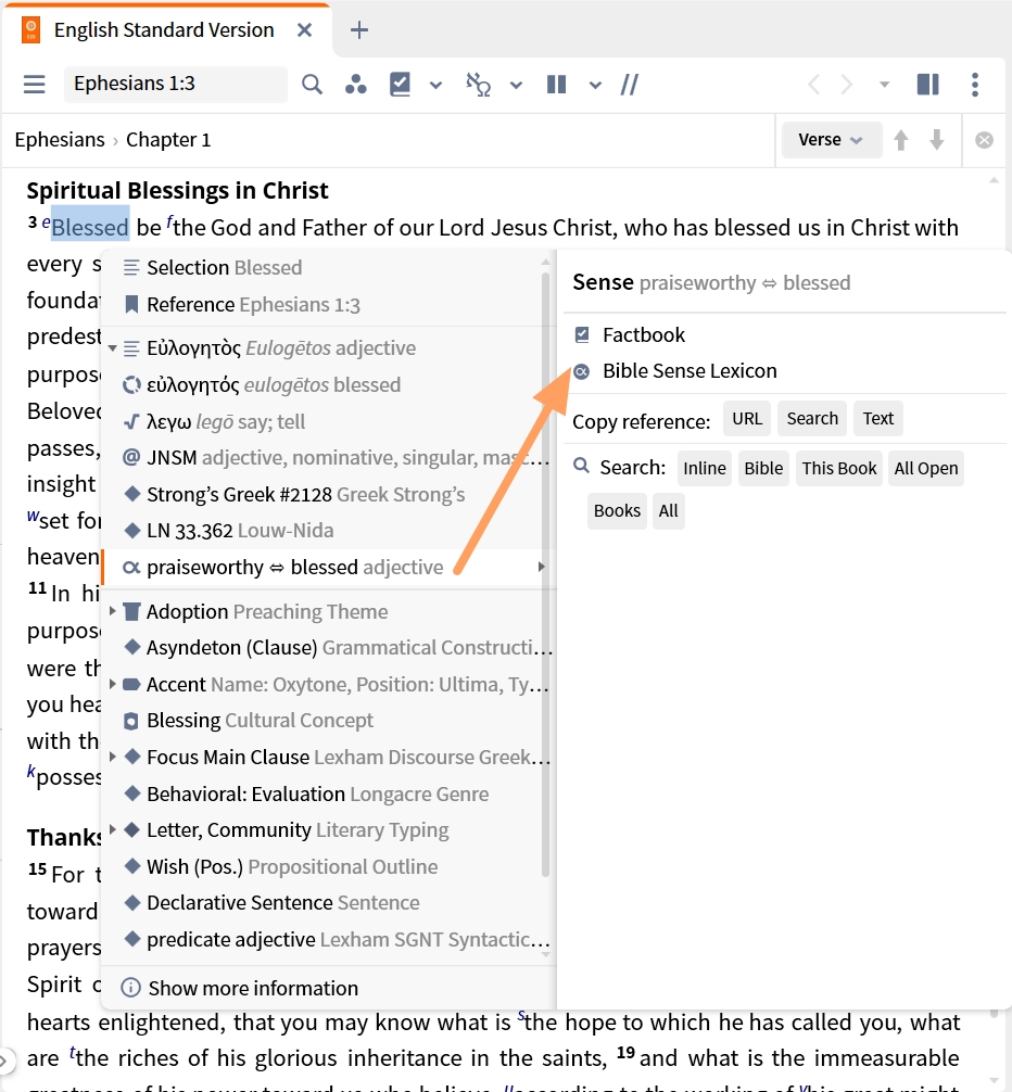 Open Bible Sense Lexicon from Context Menu