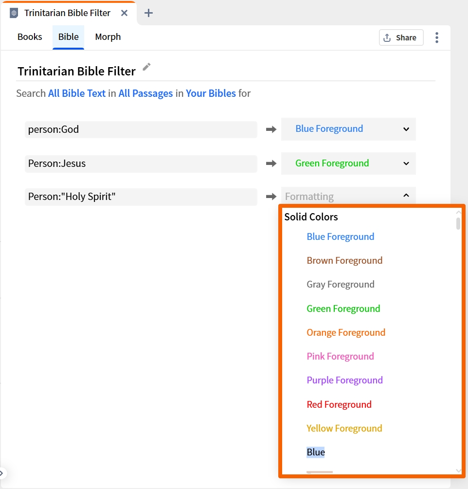 Visual Filter - Bible Type Select Formatting Option