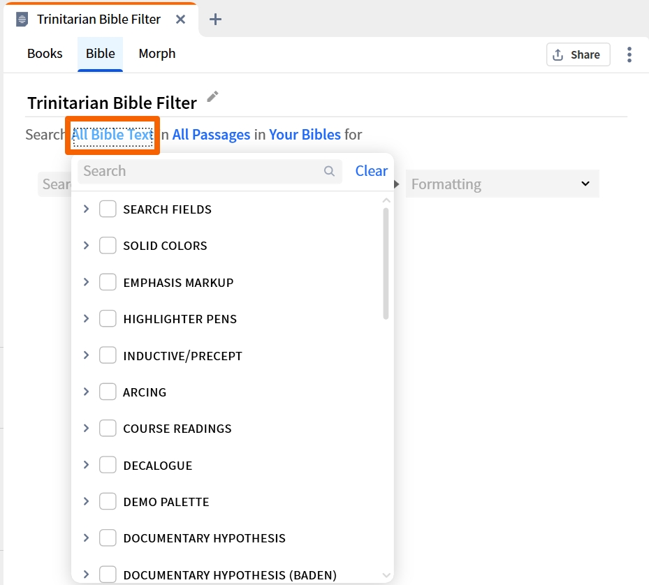 Visual Filter - Bible Type Search Fields