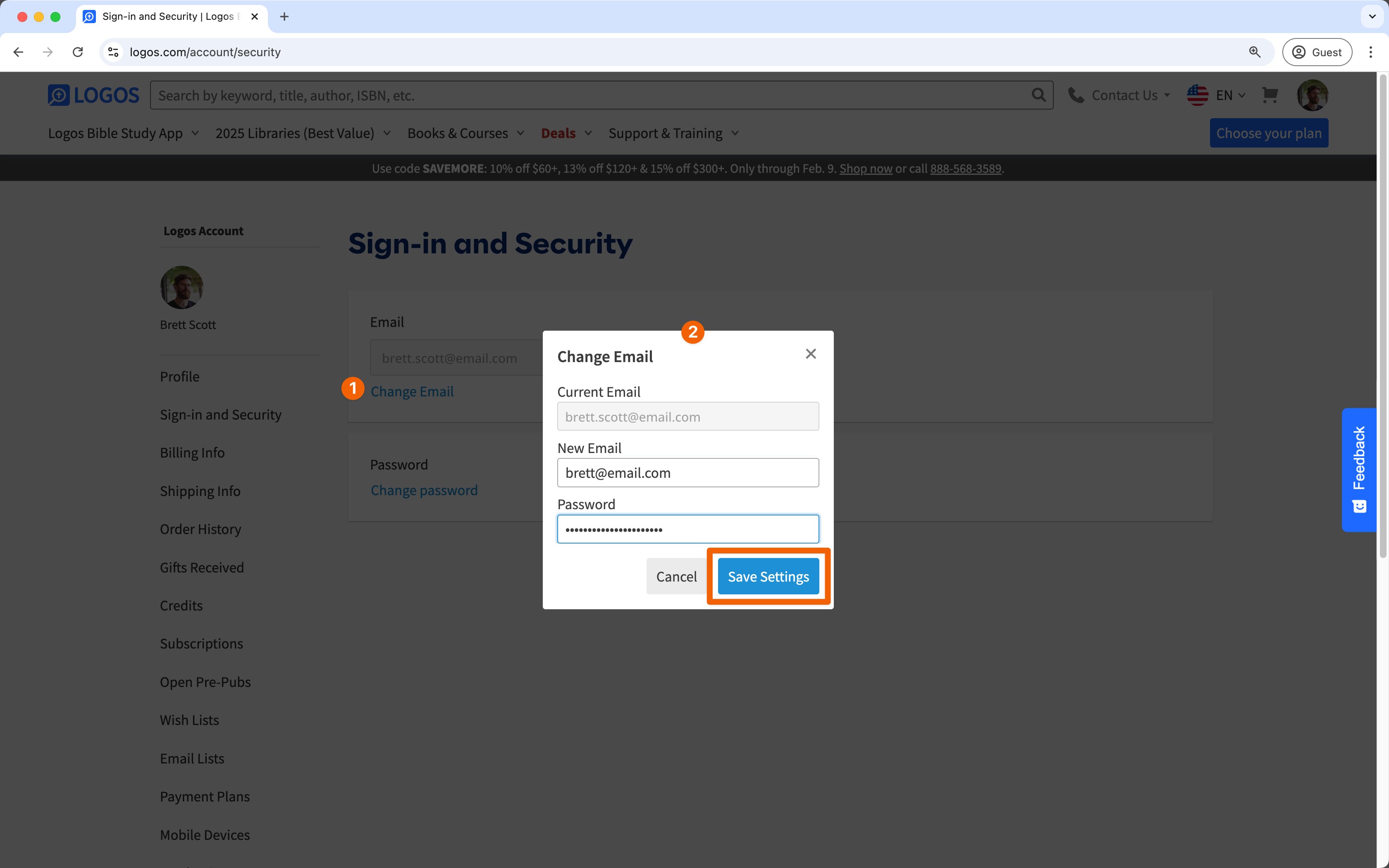 Change Email Popup Visible With Current Email, New Email, And Password Fields Visible.
