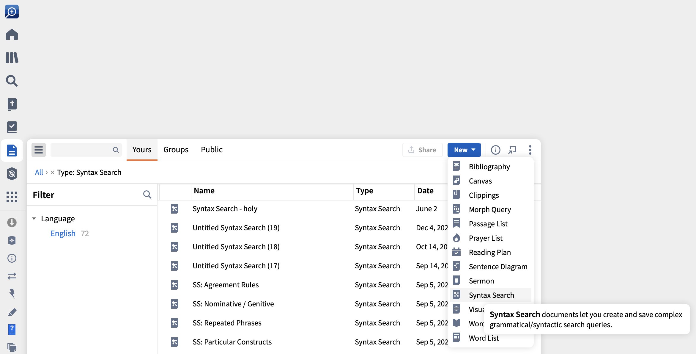 Creating a Syntax Search from the Docs Menu