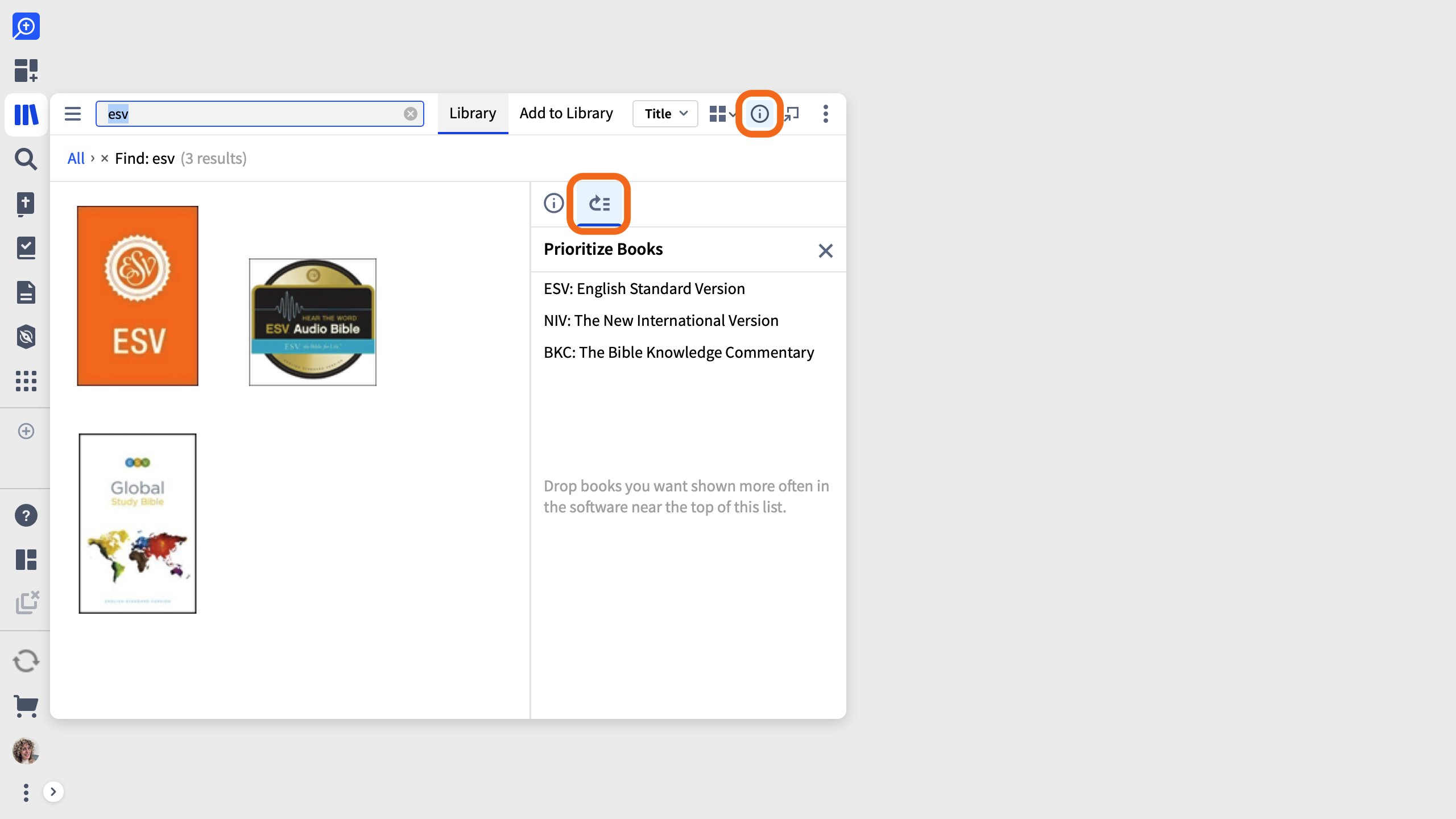 Click Information Icon Then Prioritize Books Icon