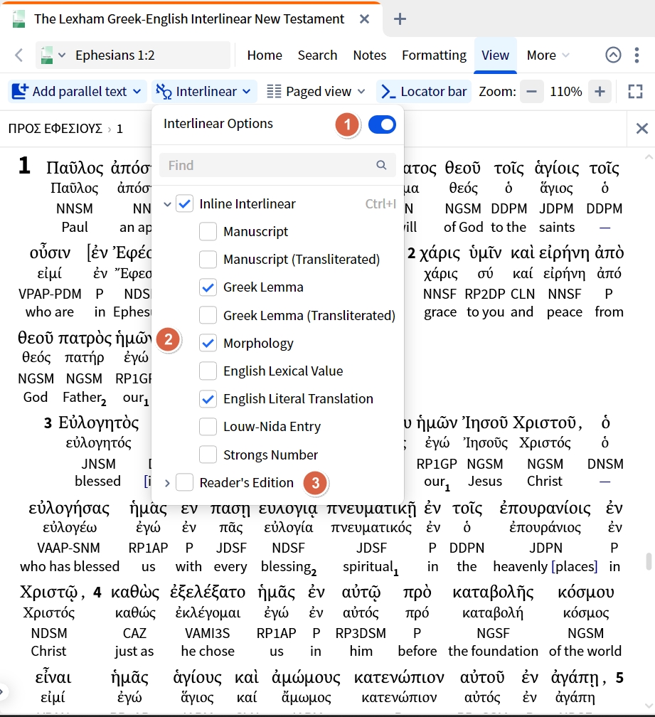 Lexham GNT Interlinear Options