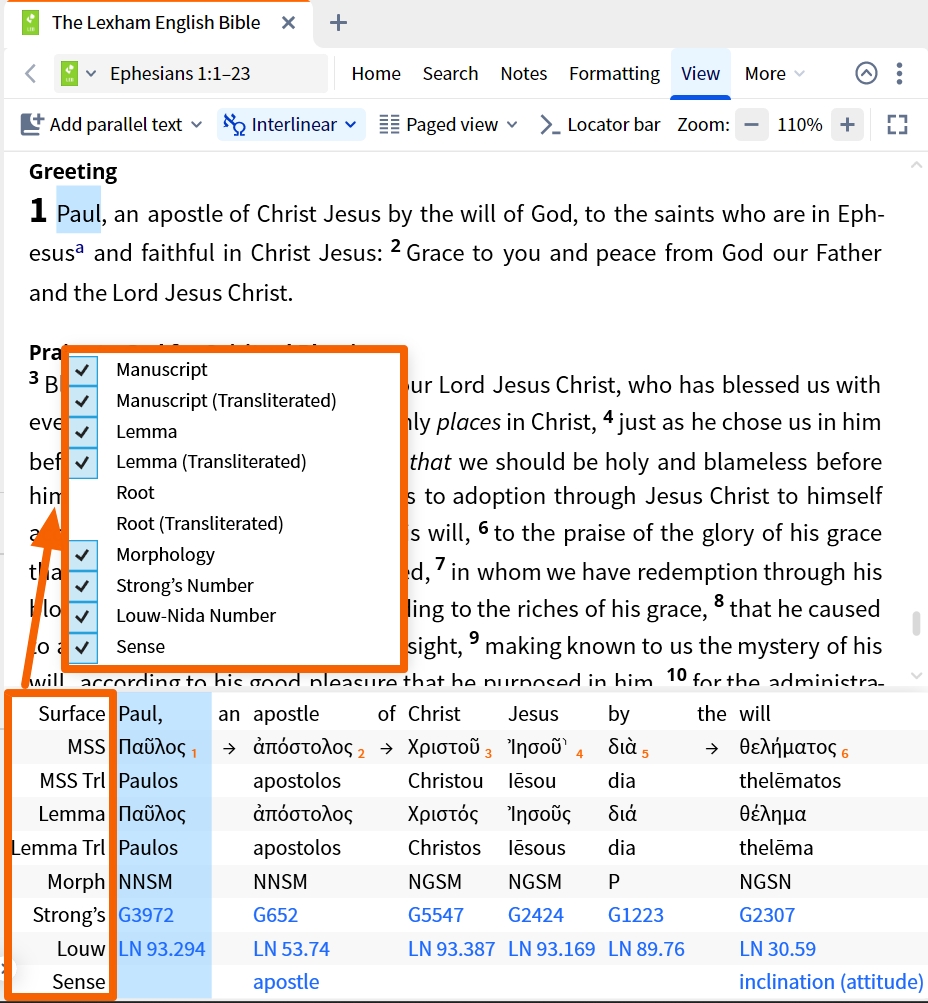 Select Reverse Interlinear Pane Options