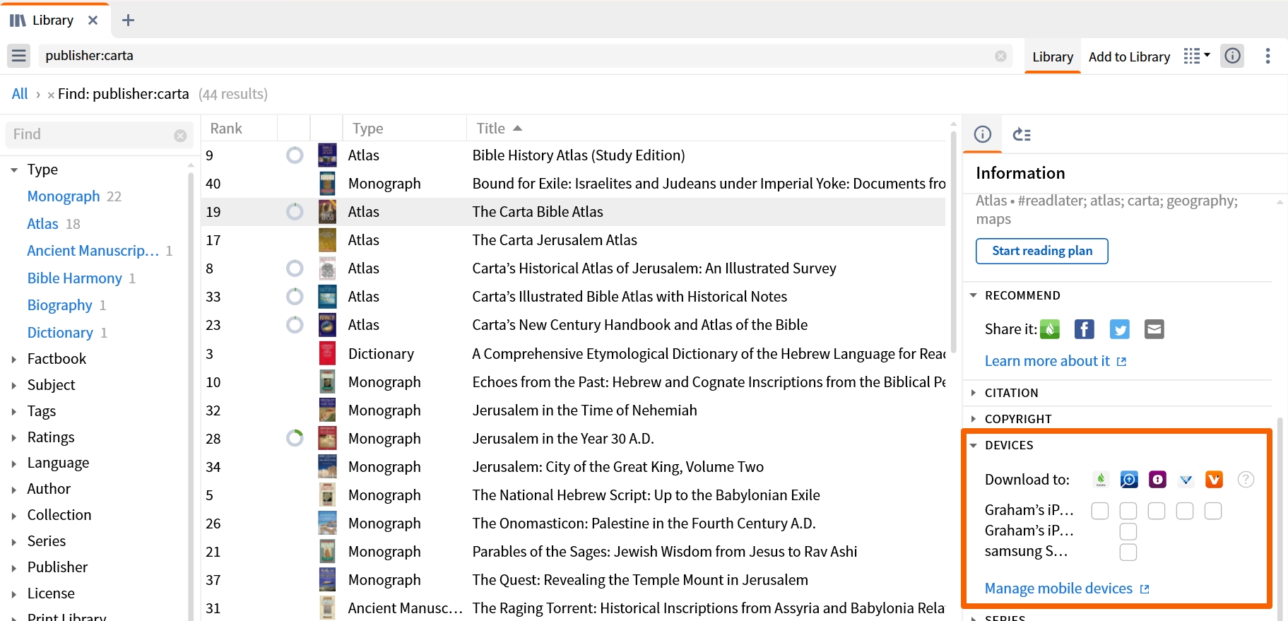 Manage books on mobile devices