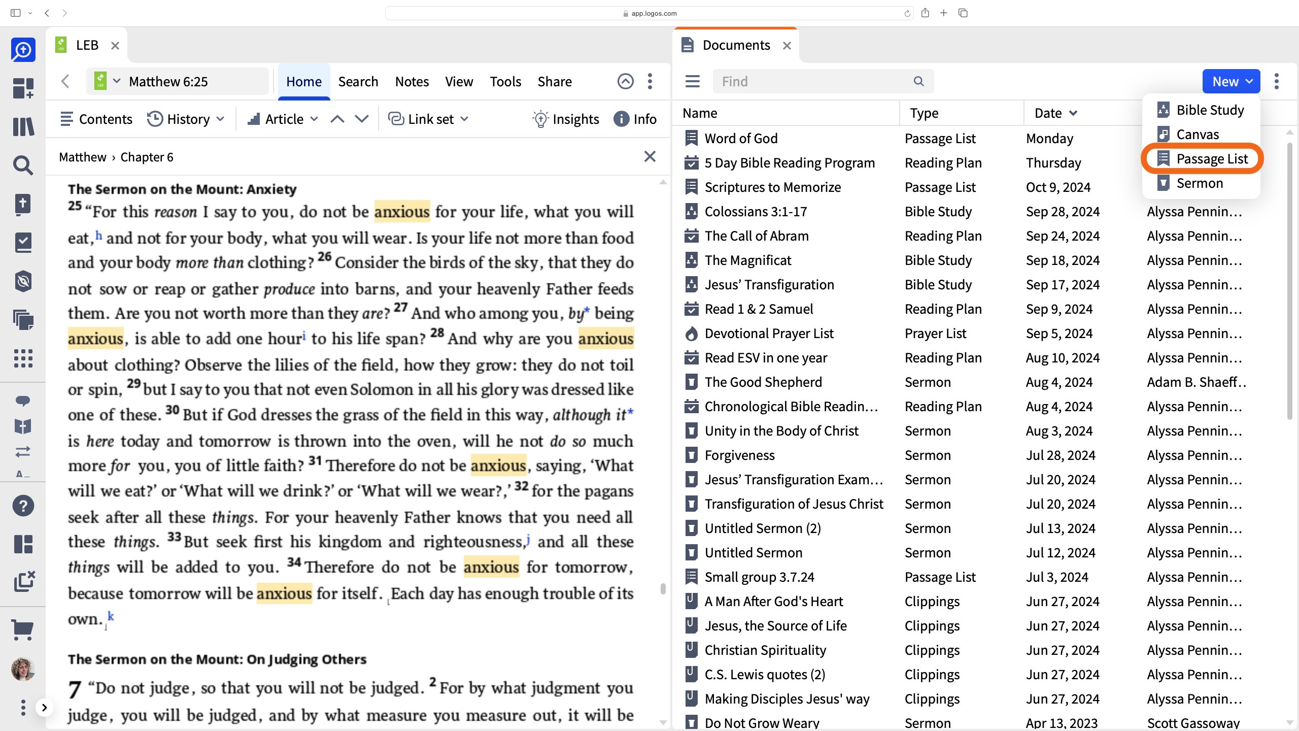 Create A New Passage List From Documents