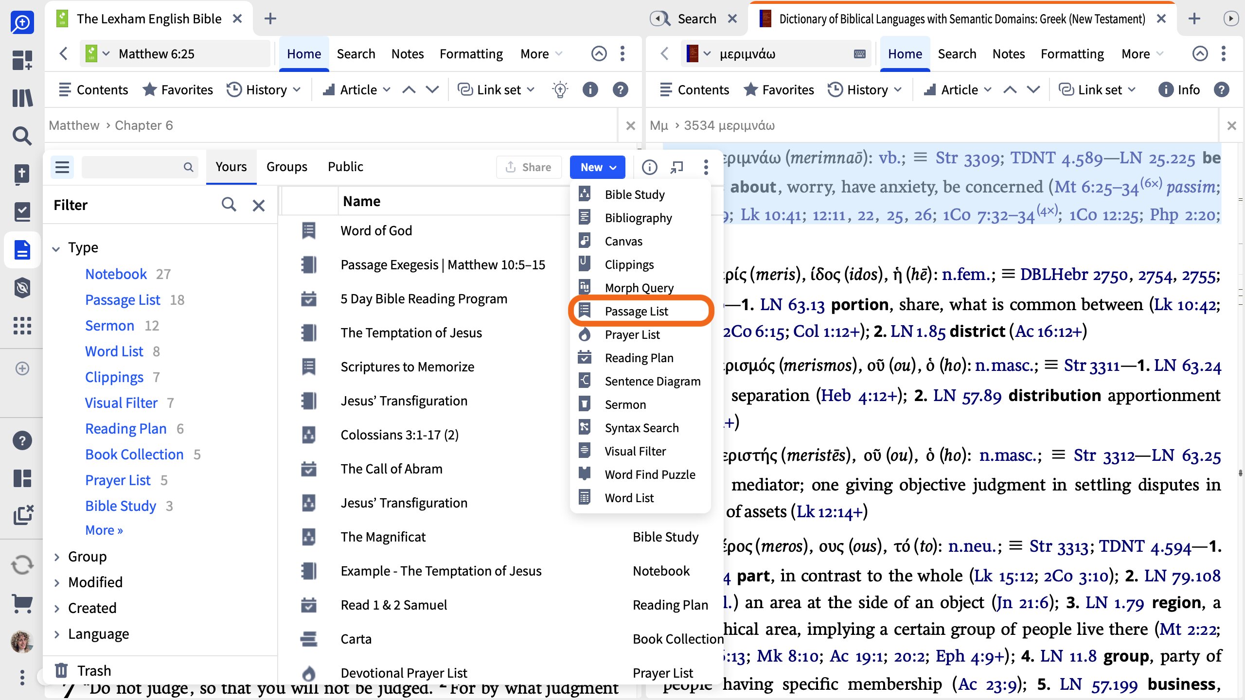 Create A New Passage List From The Documents Menu
