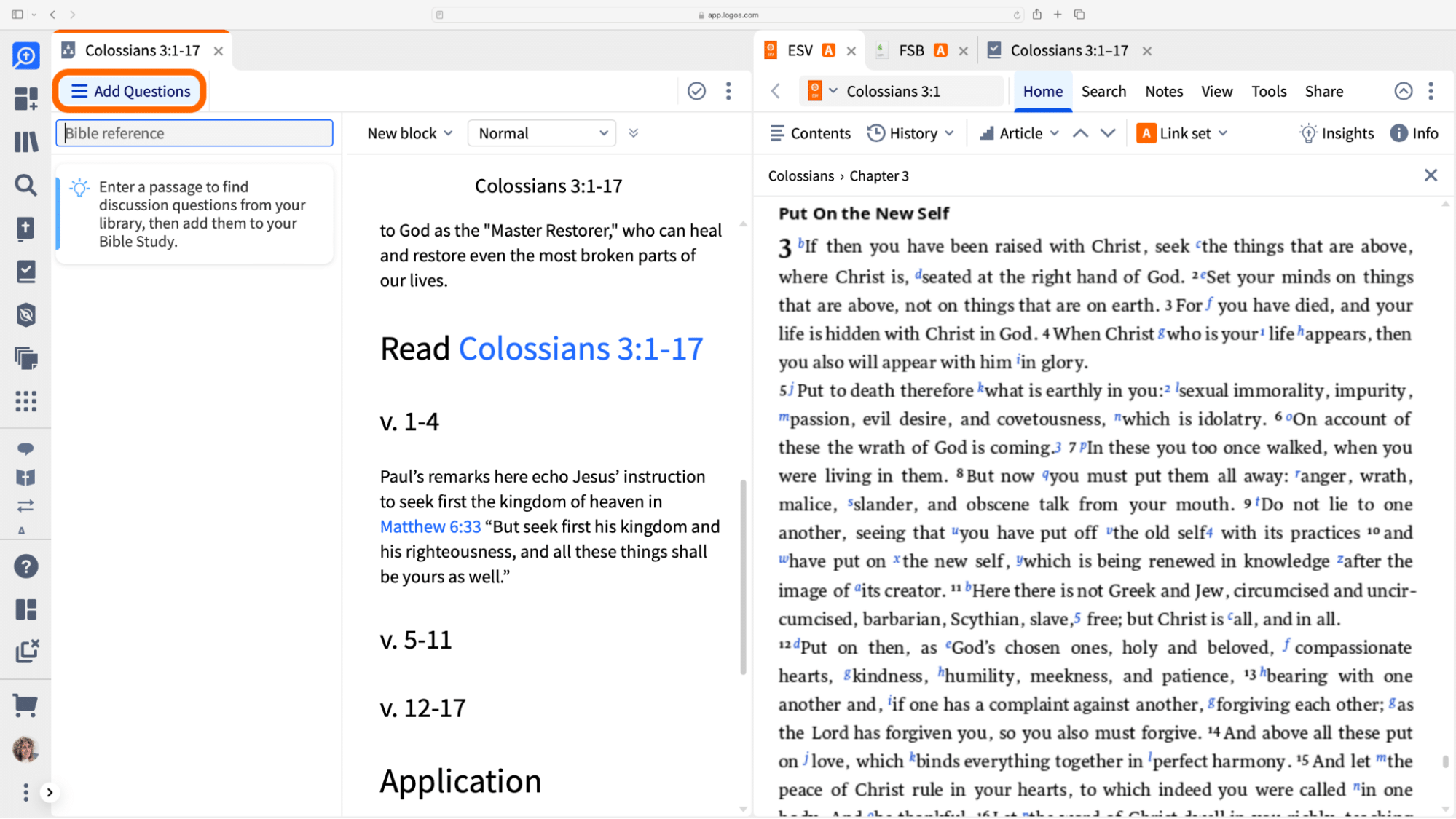 Open Add Questions pane