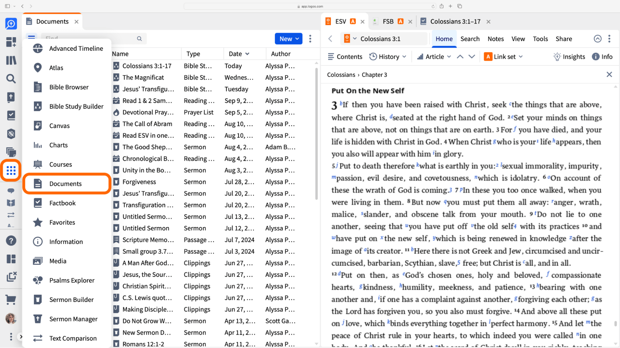 Open Bible study from the Documents menu