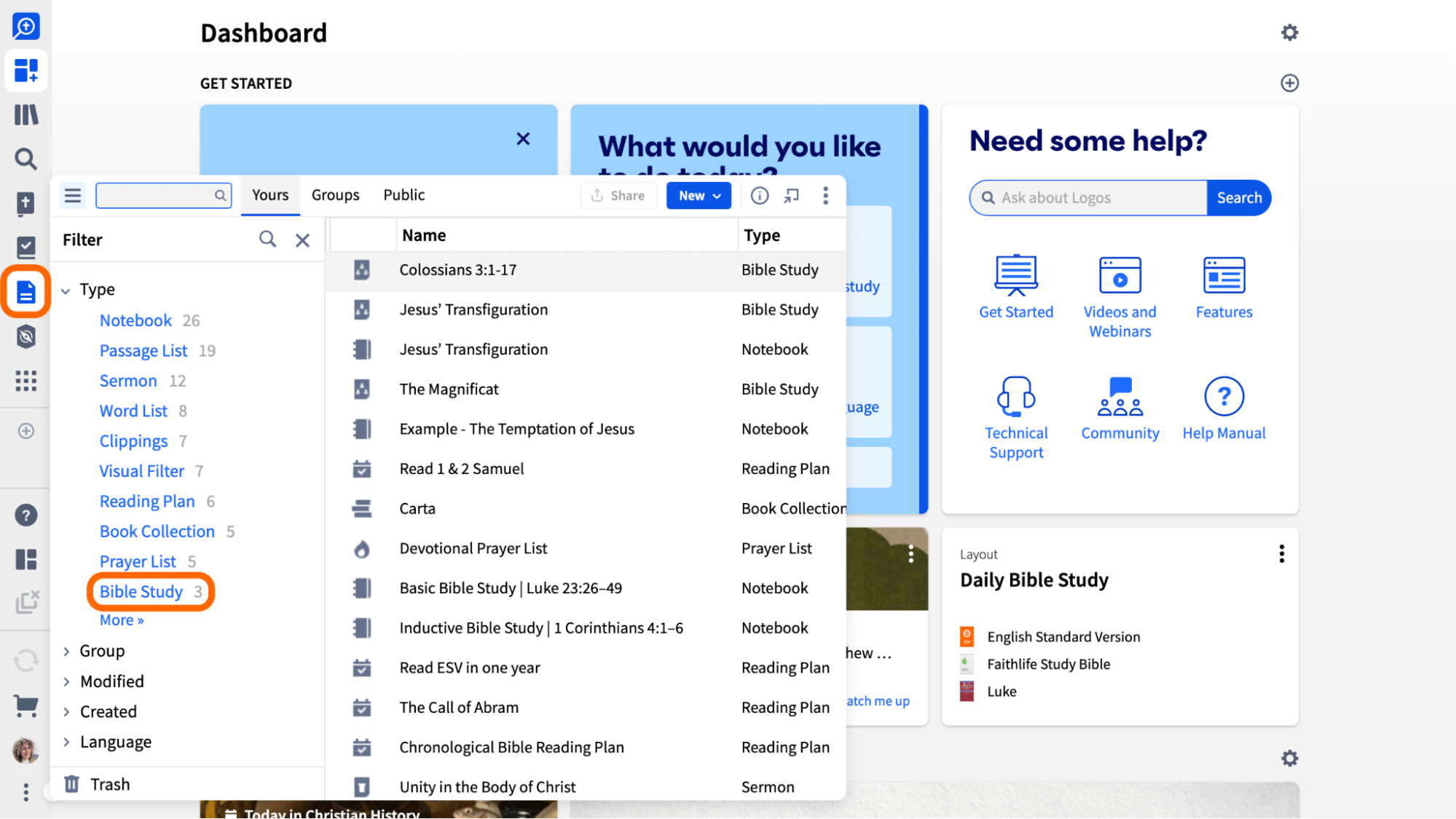 Open a Bible study from the Documents menu