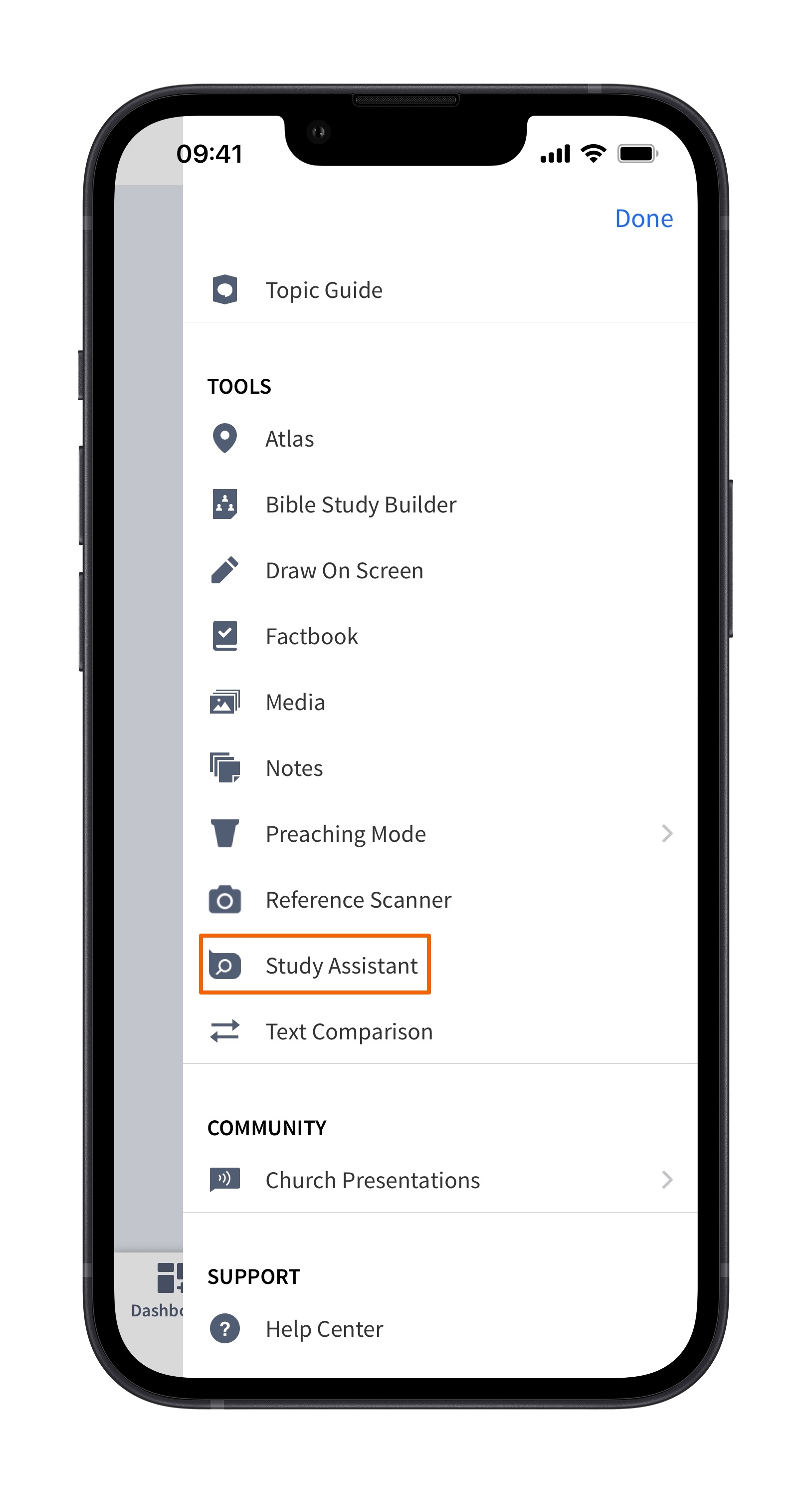 Open Study Assistant From Action Menu (Mobile)